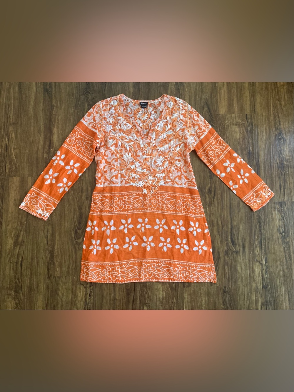 Simi Long Sleeve Orange Floral Embroidered Tunic Dress Women’s Size Large Cotton